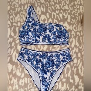 Blue and White bikini with high waisted bottoms